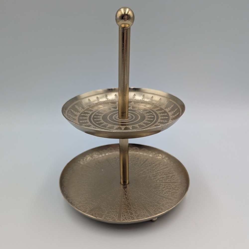 Ornate Jewelry Stand Gold Metal Etched 2 Tier Tray Stand Trinket Dish Filigree